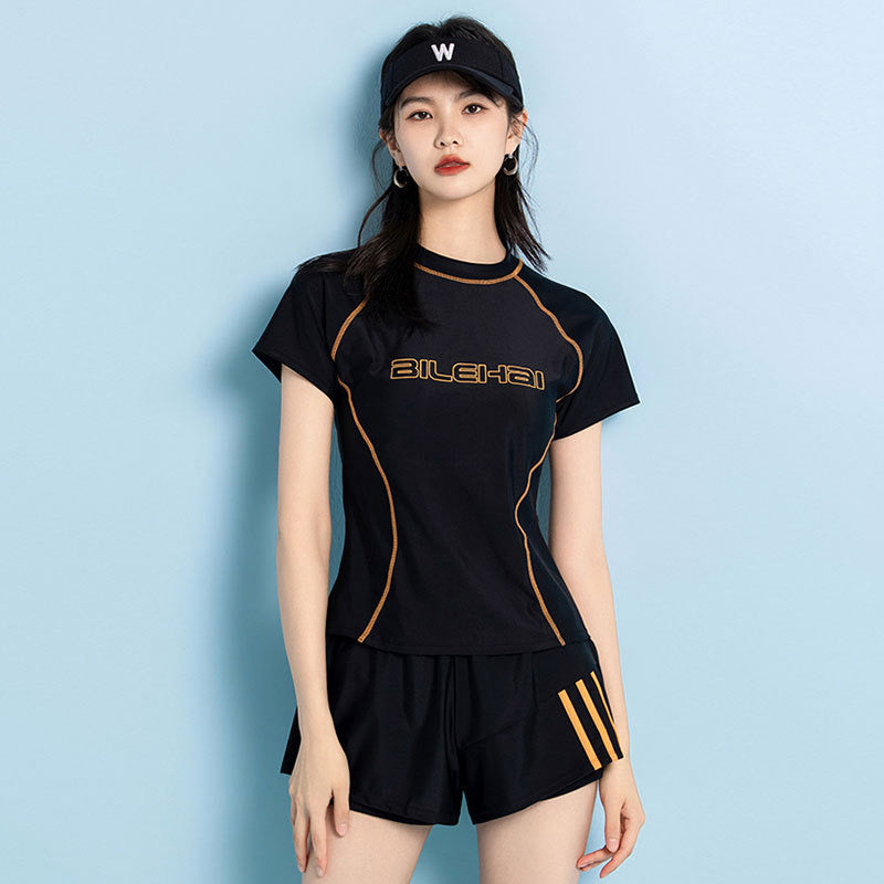 A14 Series Brown / White Line Short Sleeves Swimsuits